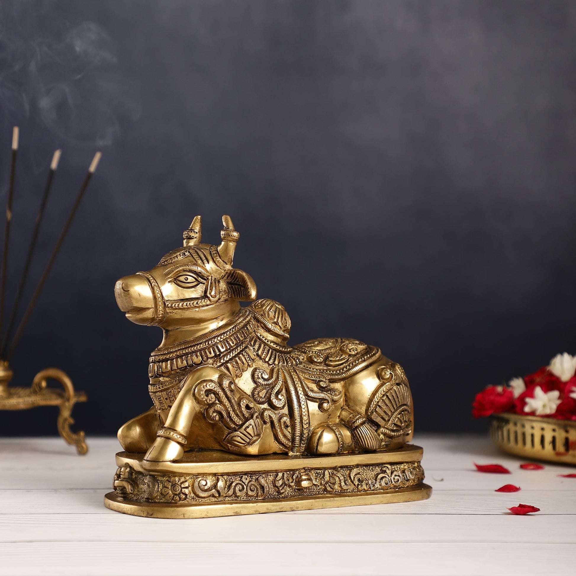 Superfine Engraved Brass Nandi idol - 6.5" Height - Budhshiv.com