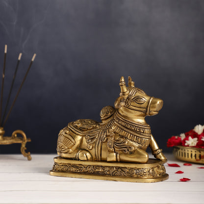 Superfine Engraved Brass Nandi idol - 6.5" Height - Budhshiv.com