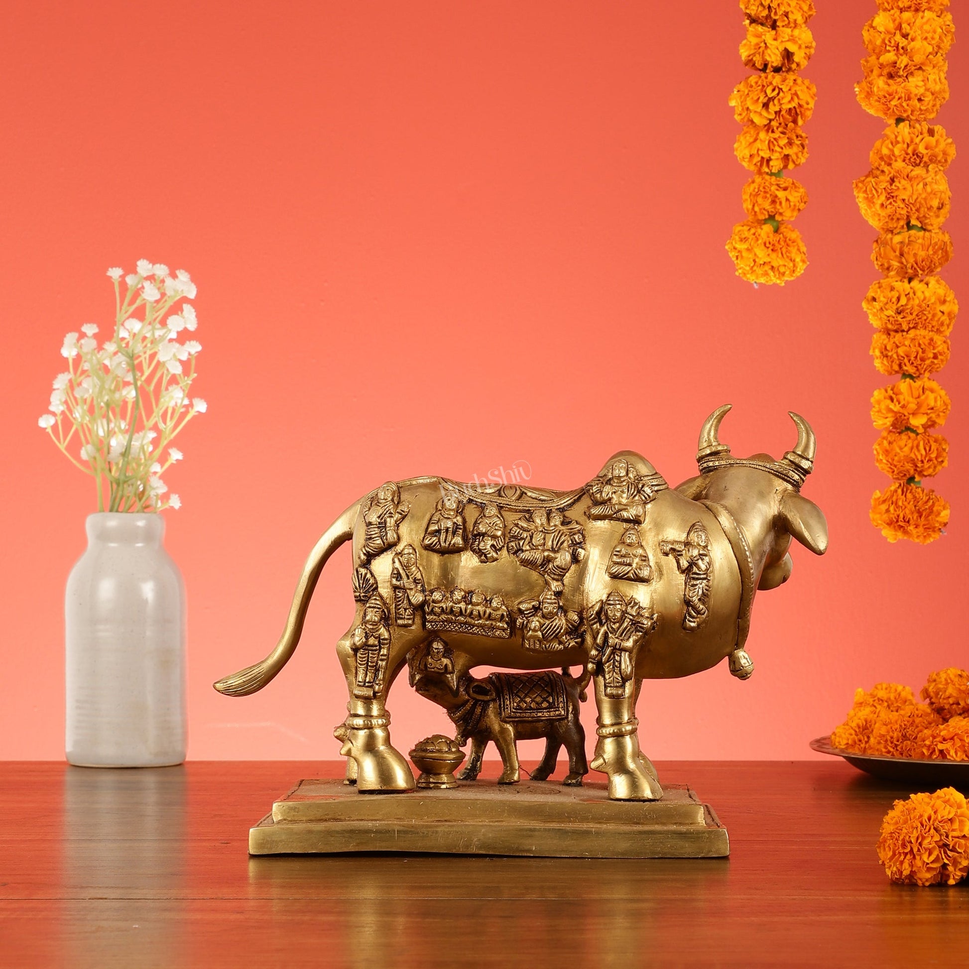 Superfine Engraved Kamdhenu Cow with Calf - Auspicious Wish-Fulfilling Murti 10" - Budhshiv.com