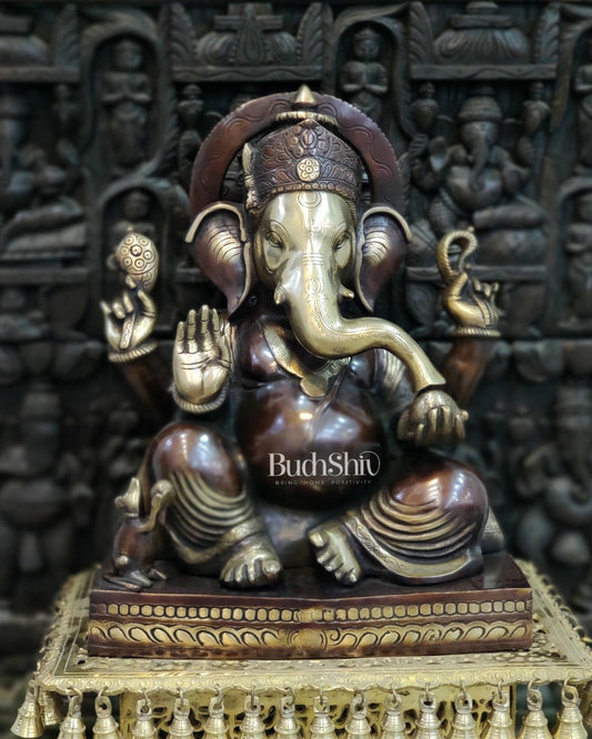 Superfine Handcrafted Brass Gajanand Statue - 22" Height, Beautiful Carvings, Fantastic Finish - Budhshiv.com