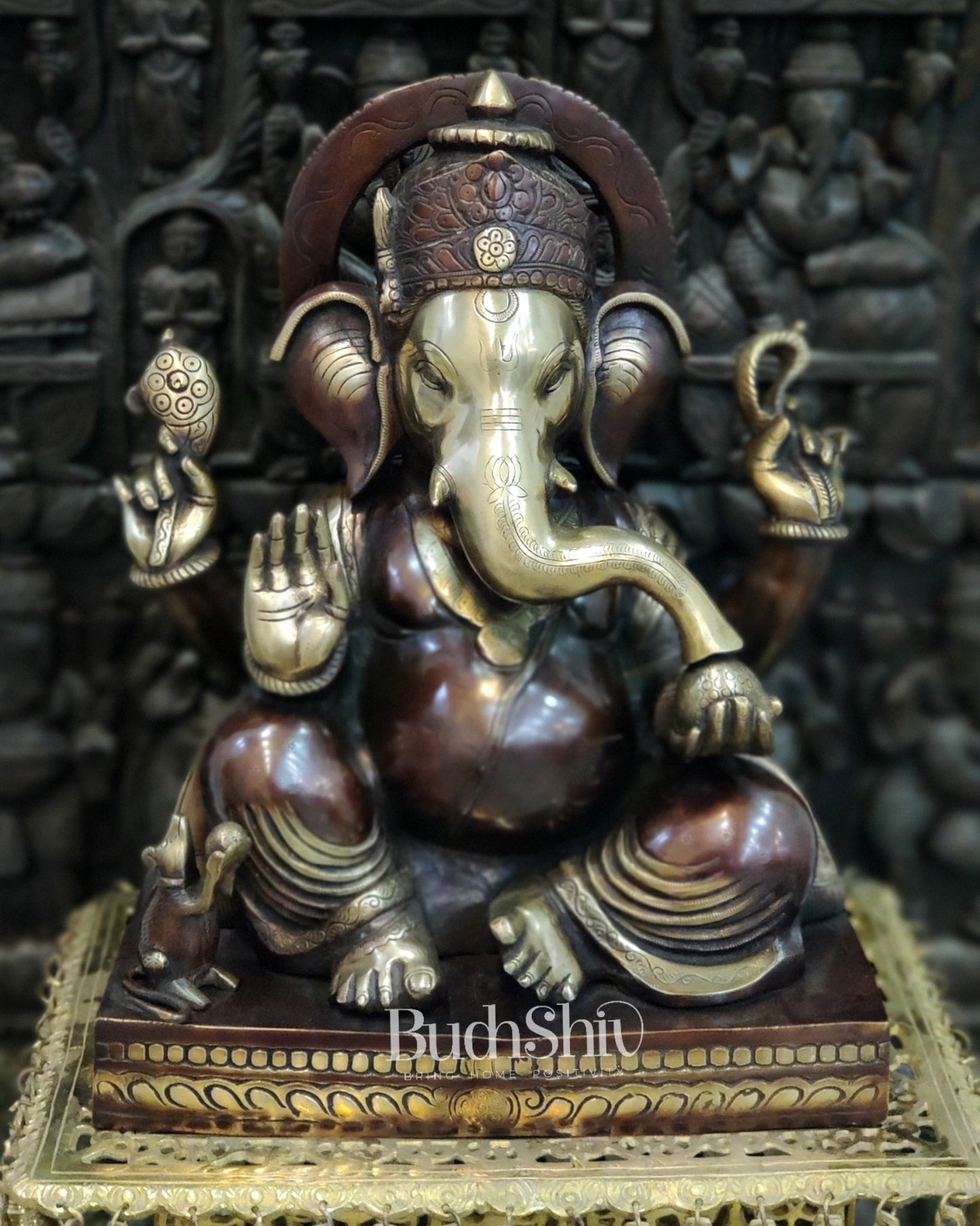 Superfine Handcrafted Brass Gajanand Statue - 22" Height, Beautiful Carvings, Fantastic Finish - Budhshiv.com