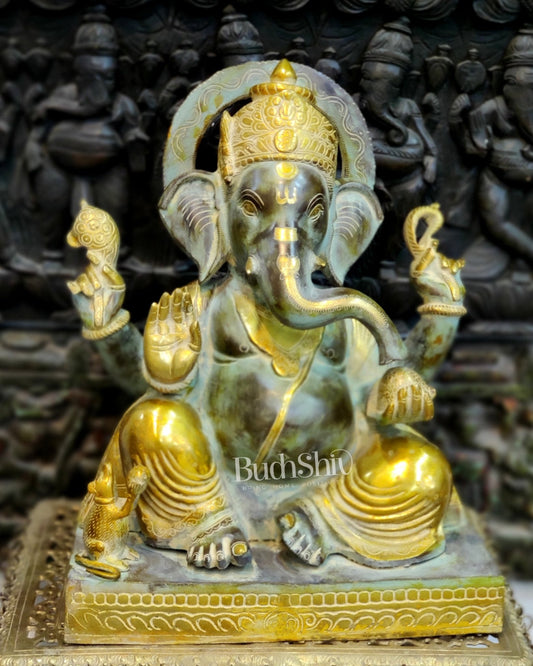 Superfine Handcrafted Brass Gajanand Statue - 22" Height, Beautiful Carvings, Granite and Sandstone Finish - Budhshiv.com