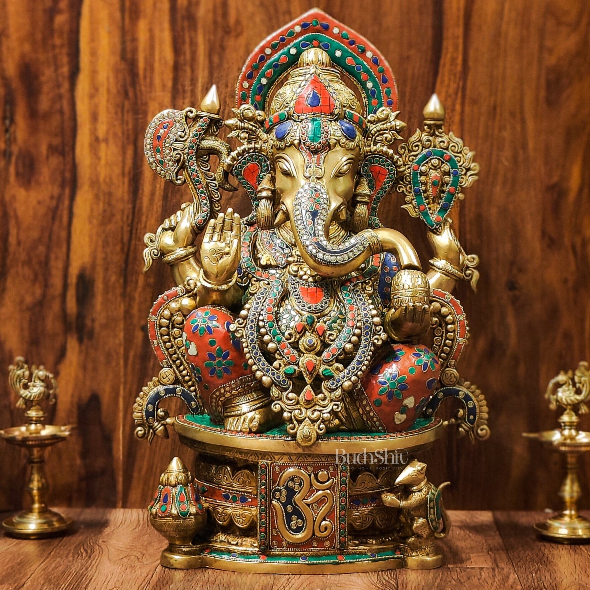 Superfine Handcrafted Brass Ganesha Statue with Rings and Floral Stonework 23 inches - Budhshiv.com