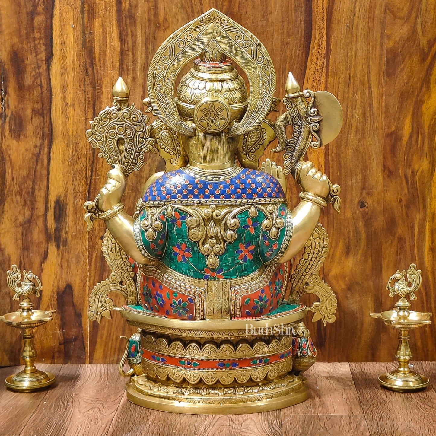 Superfine Handcrafted Brass Ganesha Statue with Rings and Floral Stonework 23 inches - Budhshiv.com