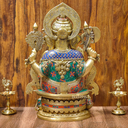 Superfine Handcrafted Brass Ganesha Statue with Rings and Floral Stonework 23 inches - Budhshiv.com