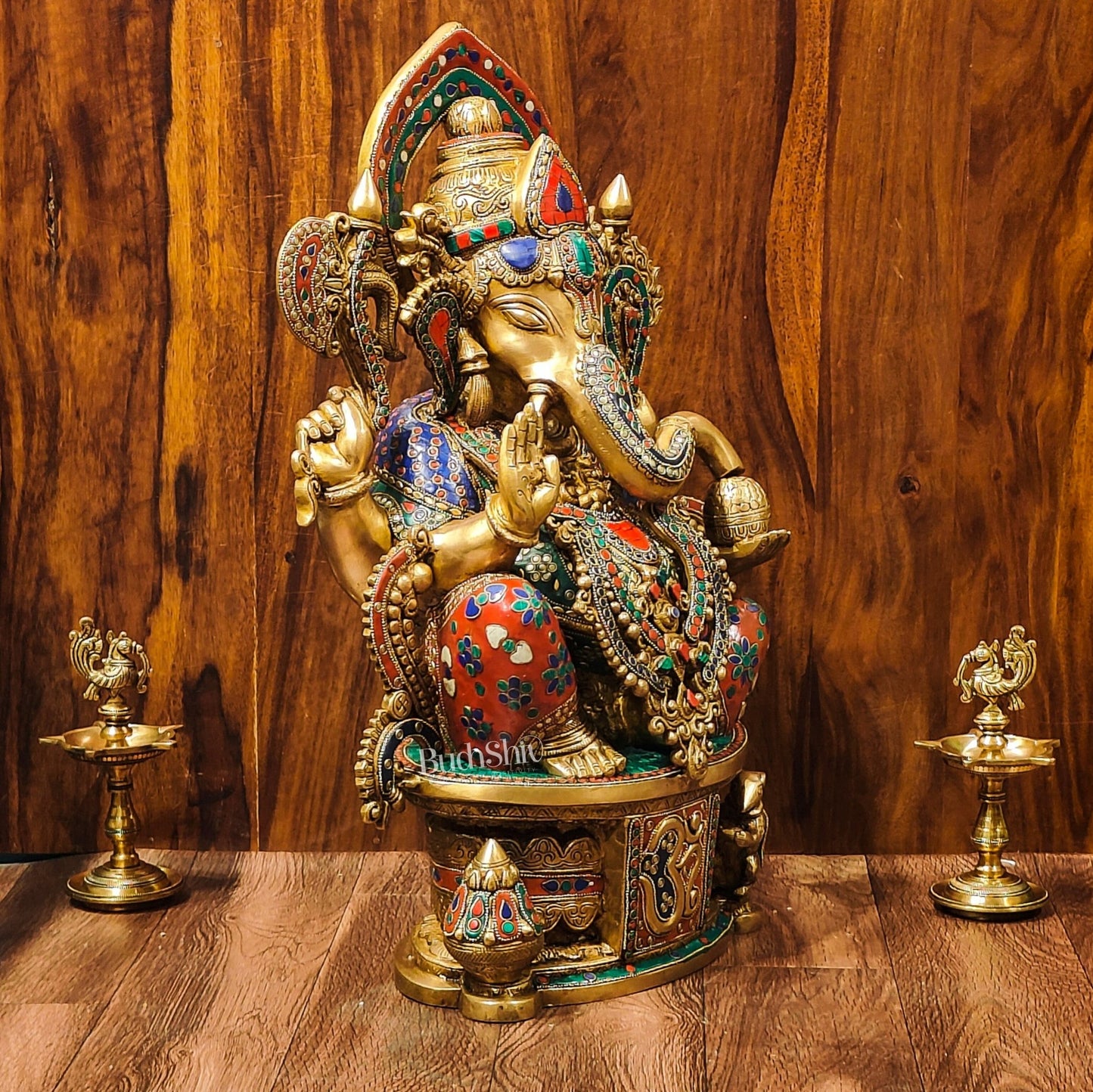 Superfine Handcrafted Brass Ganesha Statue with Rings and Floral Stonework 23 inches - Budhshiv.com