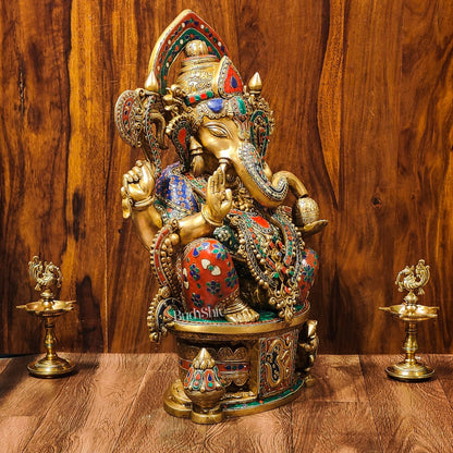 Superfine Handcrafted Brass Ganesha Statue with Rings and Floral Stonework 23 inches - Budhshiv.com