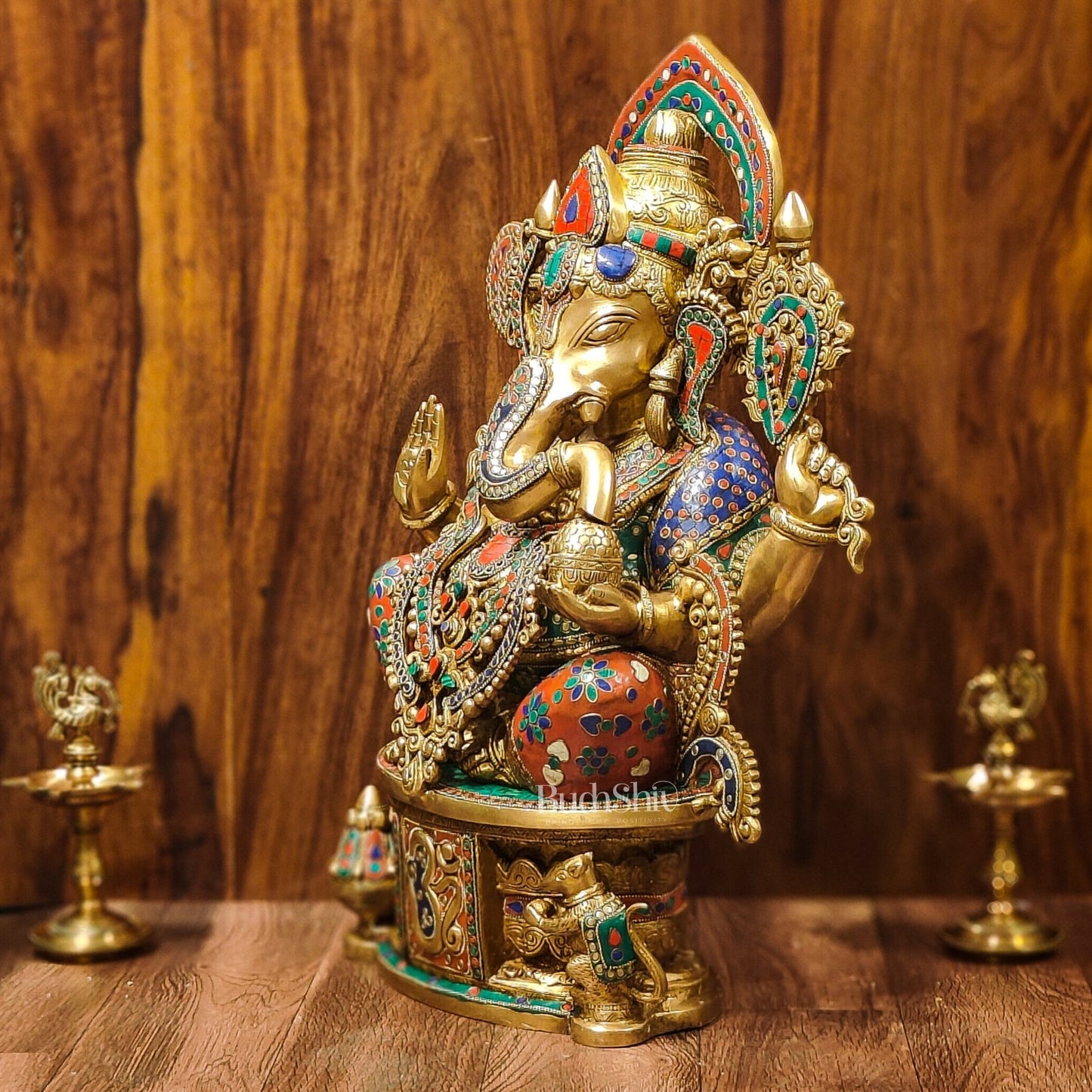 Superfine Handcrafted Brass Ganesha Statue with Rings and Floral Stonework 23 inches - Budhshiv.com