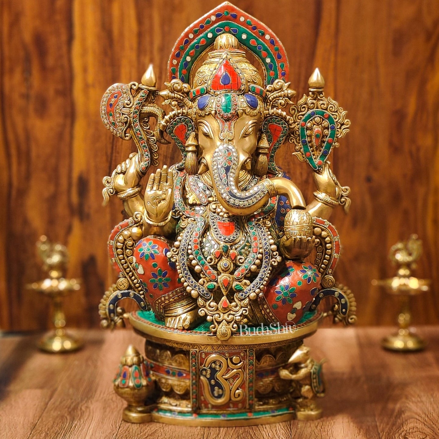 Superfine Handcrafted Brass Ganesha Statue with Rings and Floral Stonework 23 inches - Budhshiv.com