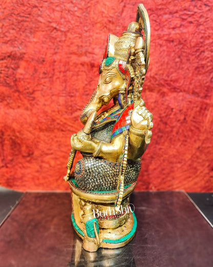 Superfine Handcrafted Brass Ganesha Statue with Rings and Stonework 23 inches - Budhshiv.com