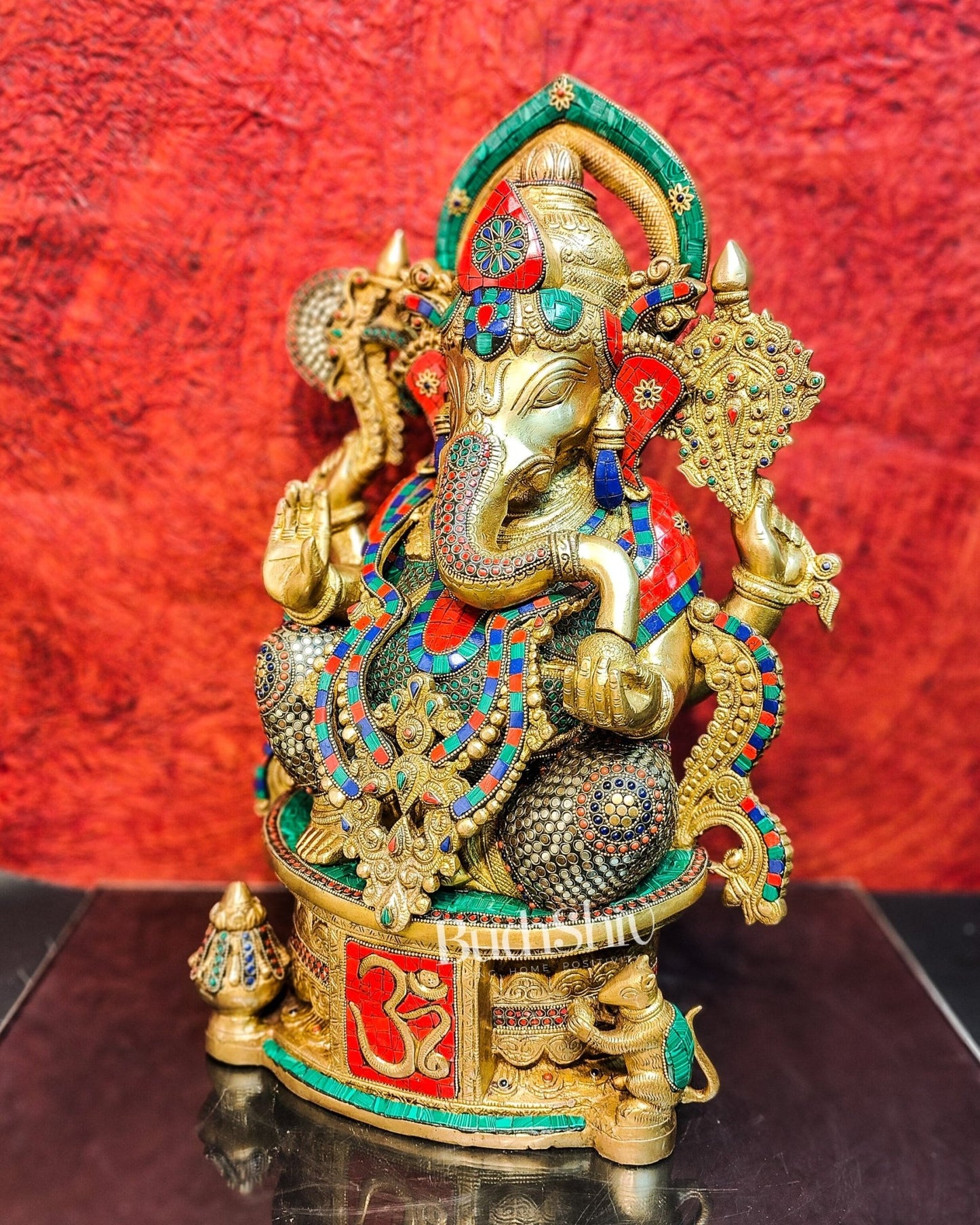 Superfine Handcrafted Brass Ganesha Statue with Rings and Stonework 23 inches - Budhshiv.com