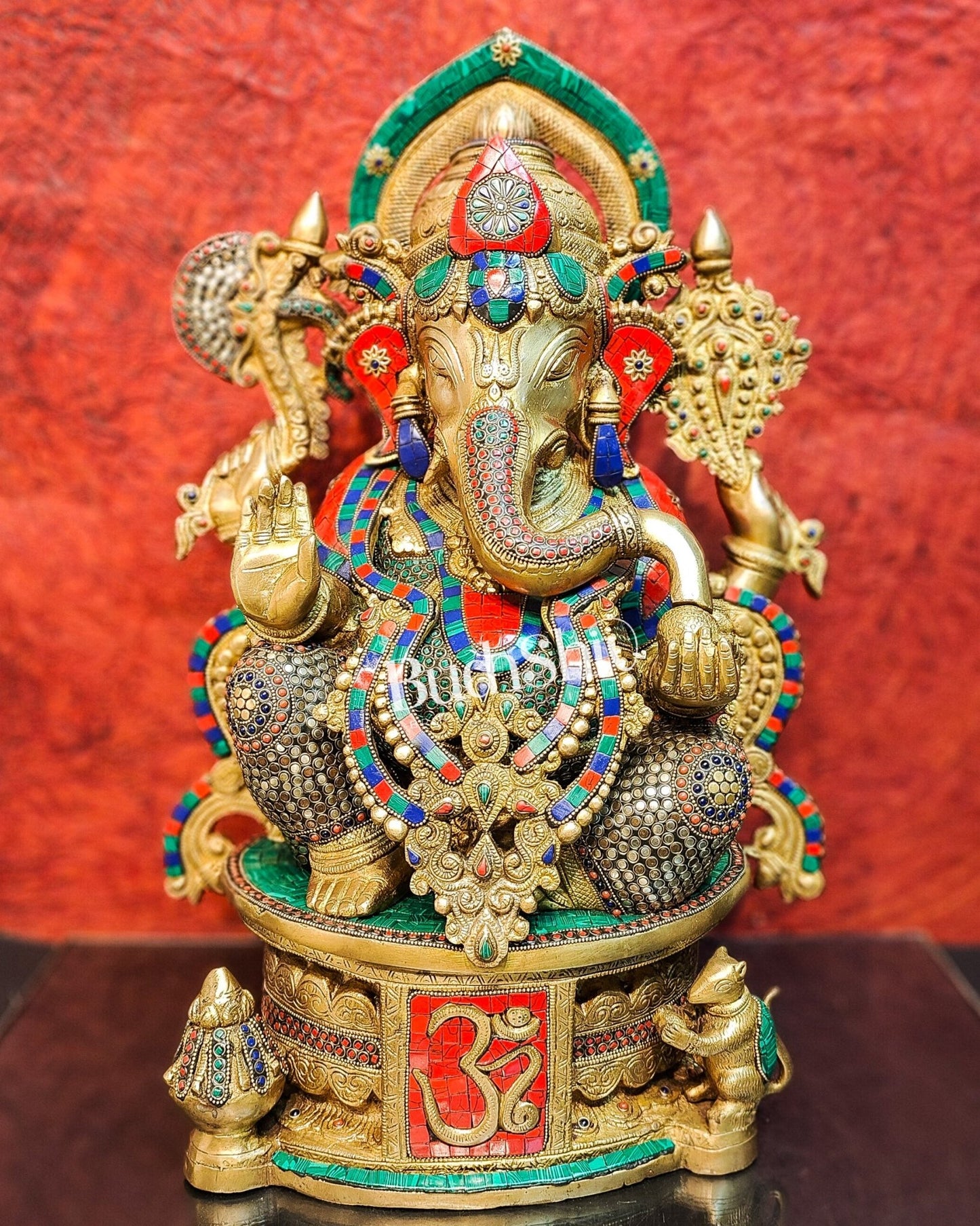 Superfine Handcrafted Brass Ganesha Statue with Rings and Stonework 23 inches - Budhshiv.com