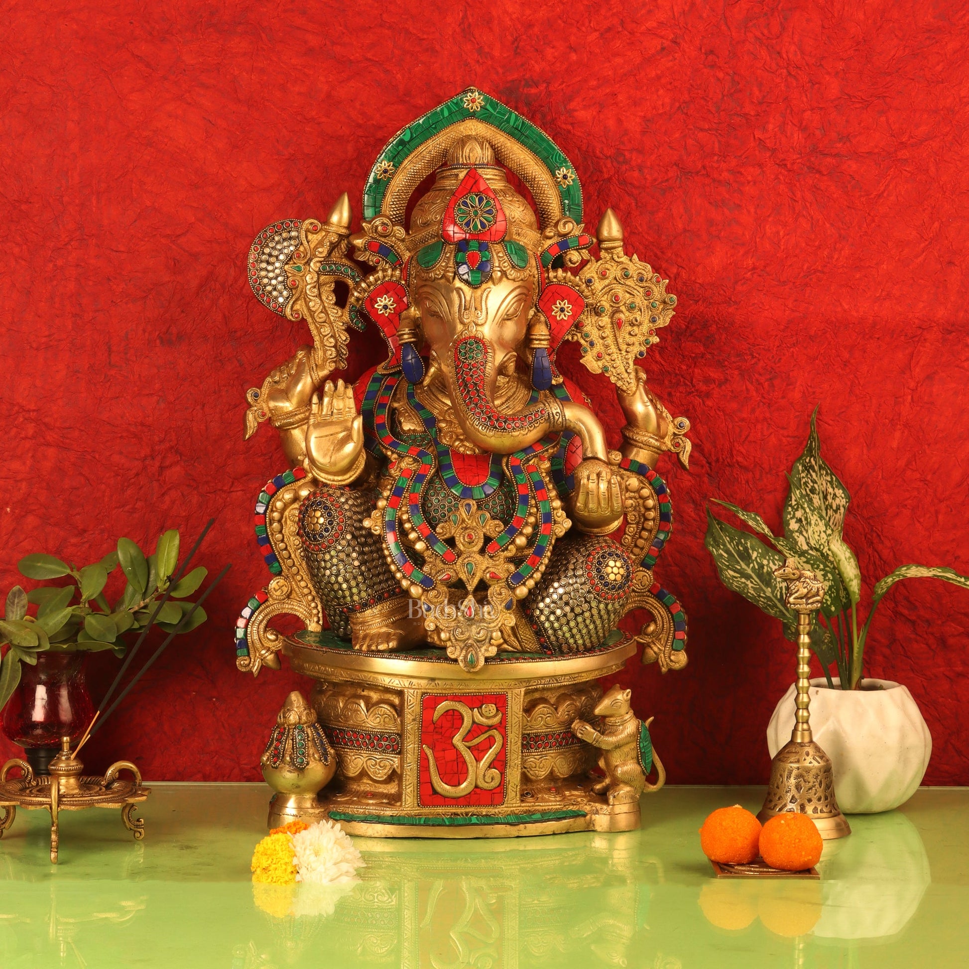 Superfine Handcrafted Brass Ganesha Statue with Rings and Stonework 23 inches - Budhshiv.com