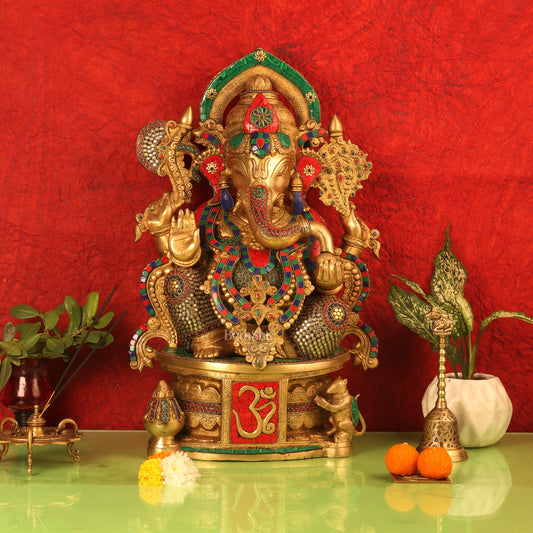 Superfine Handcrafted Brass Ganesha Statue with Rings and Stonework 23 inches - Budhshiv.com