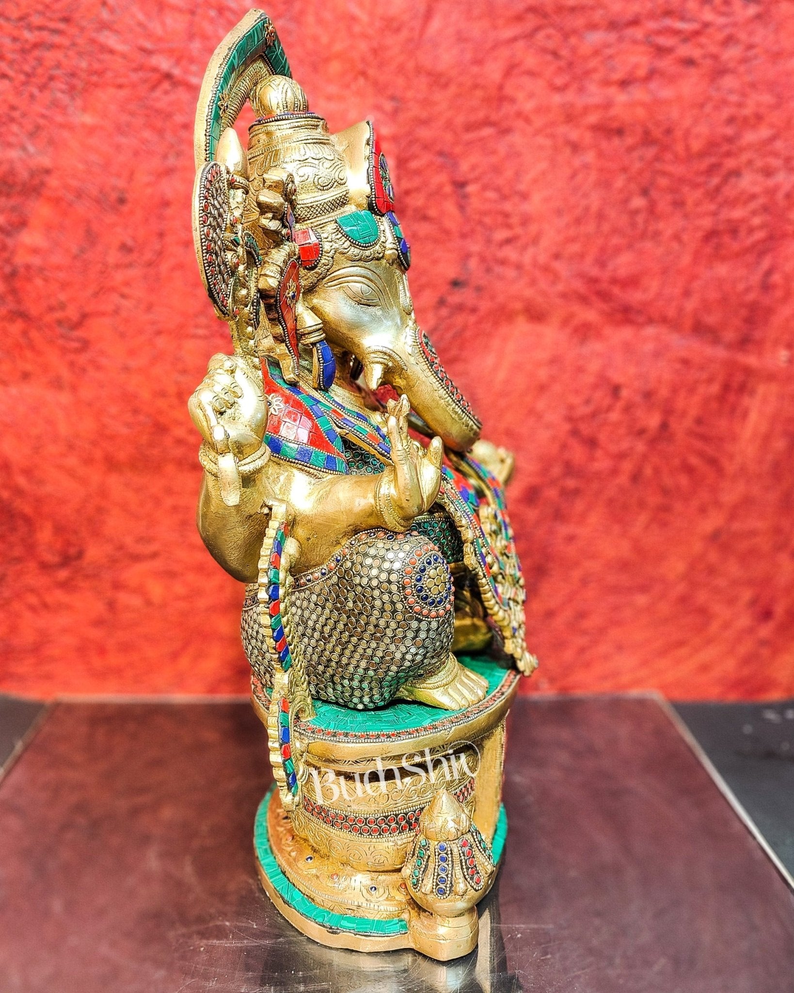 Superfine Handcrafted Brass Ganesha Statue with Rings and Stonework 23 inches - Budhshiv.com