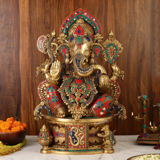 Superfine Handcrafted Brass Ganesha Statue with Rings and Stonework 23 inches - Budhshiv.com