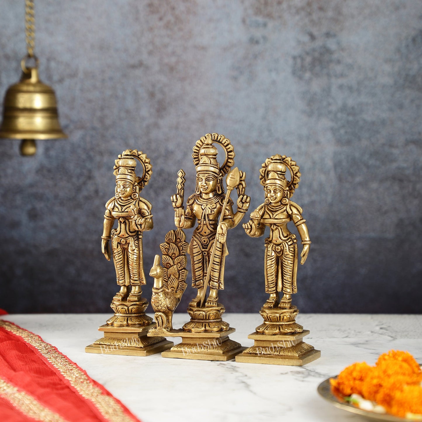 Superfine Handcrafted Brass Lord Murugan with Devasena and Valli Idols | 8" Height - Budhshiv.com