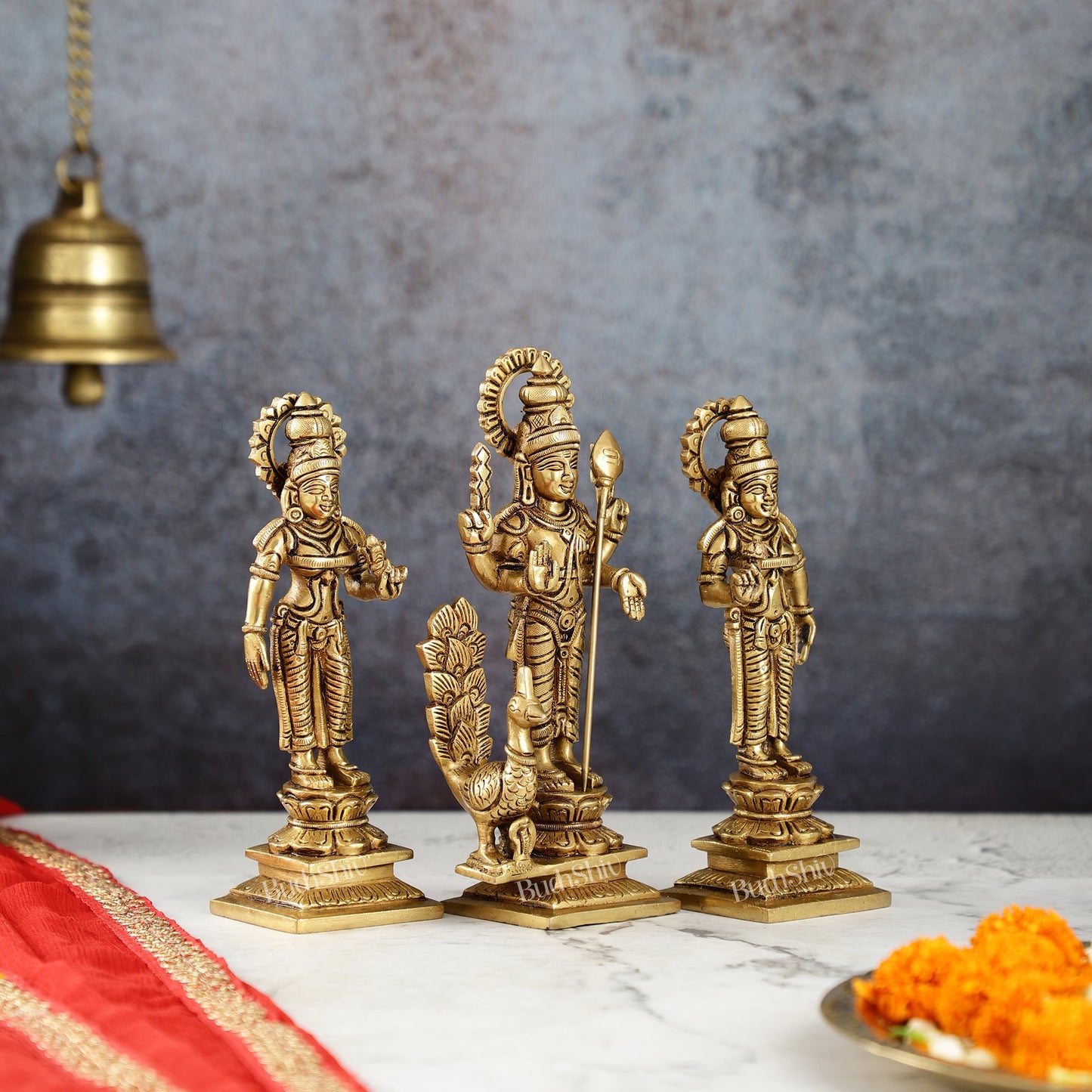 Superfine Handcrafted Brass Lord Murugan with Devasena and Valli Idols | 8" Height - Budhshiv.com