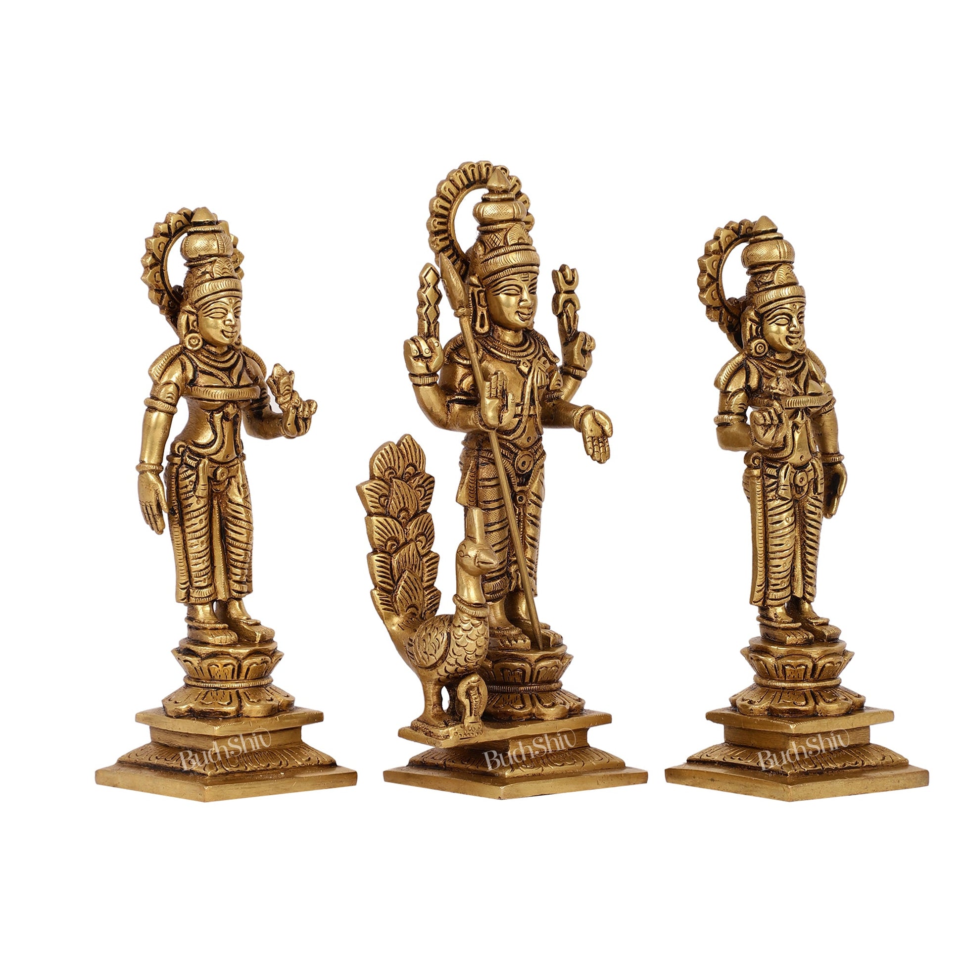 Superfine Handcrafted Brass Lord Murugan with Devasena and Valli Idols | 8" Height - Budhshiv.com