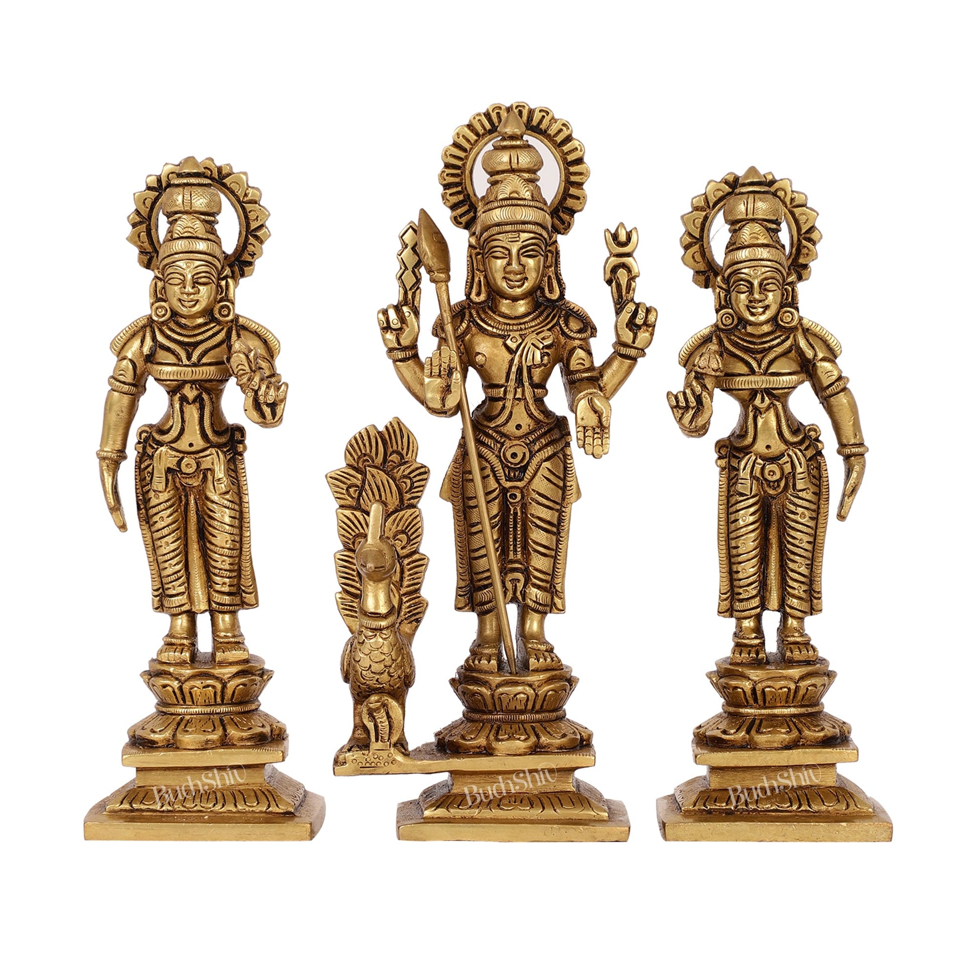 Superfine Handcrafted Brass Lord Murugan with Devasena and Valli Idols | 8" Height - Budhshiv.com