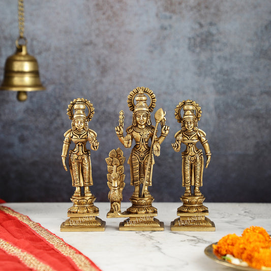 Superfine Handcrafted Brass Lord Murugan with Devasena and Valli Idols | 8" Height - Budhshiv.com