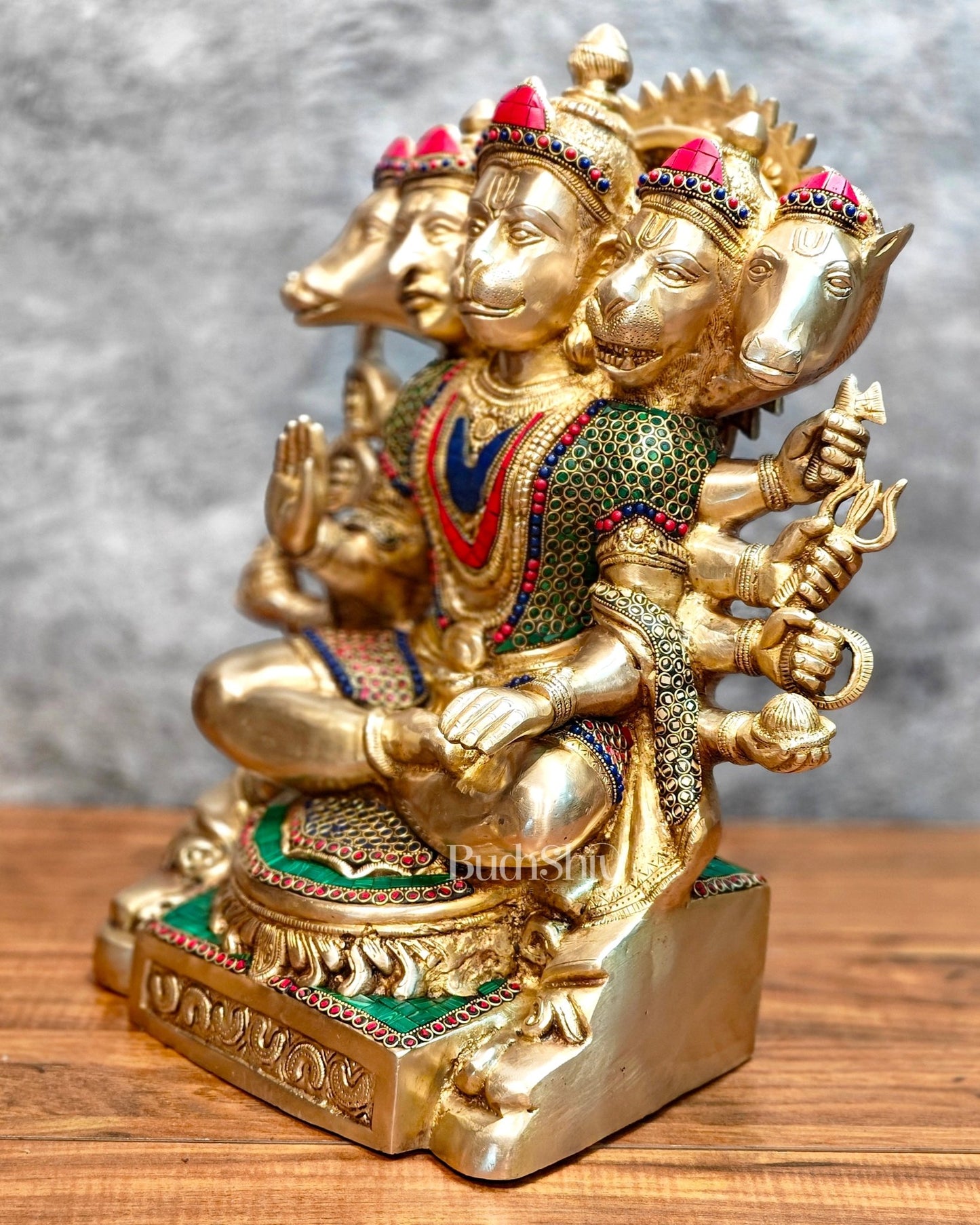 Superfine Handcrafted Brass Panchmukhi Hanuman Idol 17 inch with stonework - Budhshiv.com