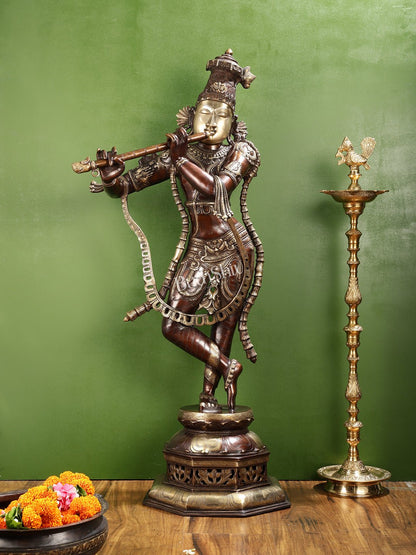 Superfine Handcrafted Krishna Sculpture | Premium Quality Brass | 45 inch - Budhshiv.com