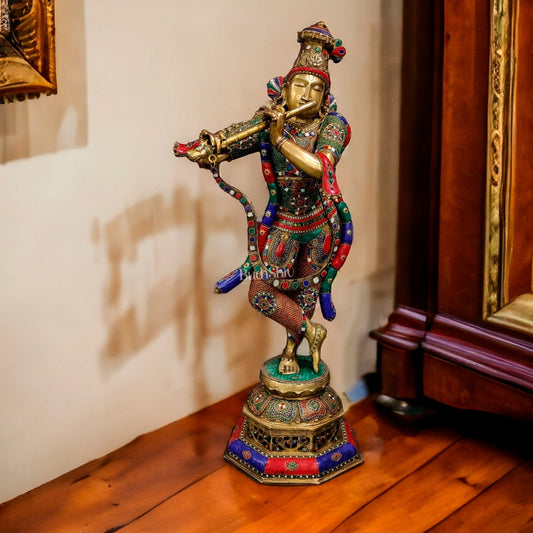 Superfine Handcrafted Krishna Sculpture | Premium Quality Brass | Multi Layered Stonework 45" - Budhshiv.com