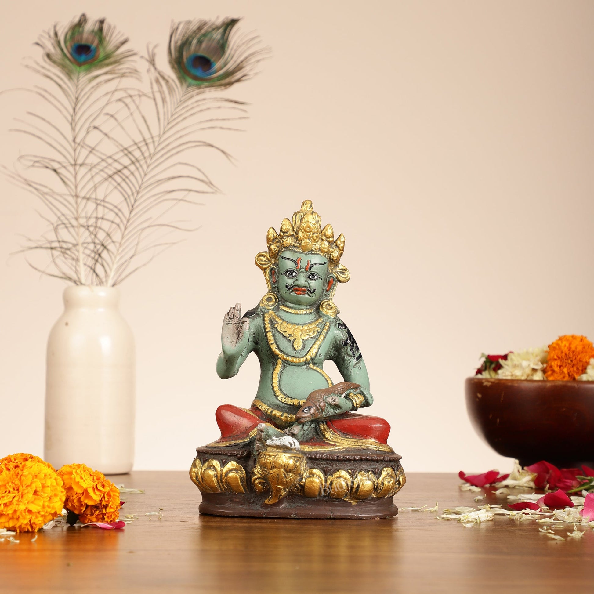 Superfine Handpainted Brass Lord Kubera Idol | 8" - Budhshiv.com