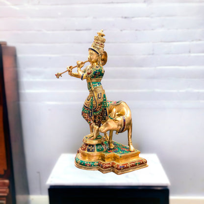 Superfine Krishna With Cow - Handcrafted in Fine Brass - Meenakari Stonework - 25.5 inches - Budhshiv.com