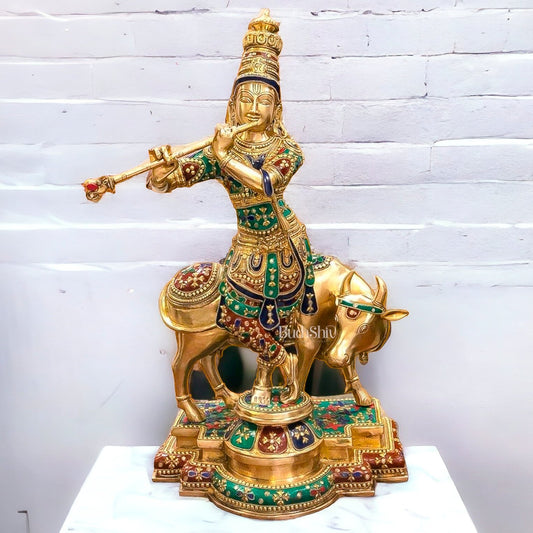 Superfine Krishna With Cow - Handcrafted in Fine Brass - Meenakari Stonework - 25.5 inches - Budhshiv.com