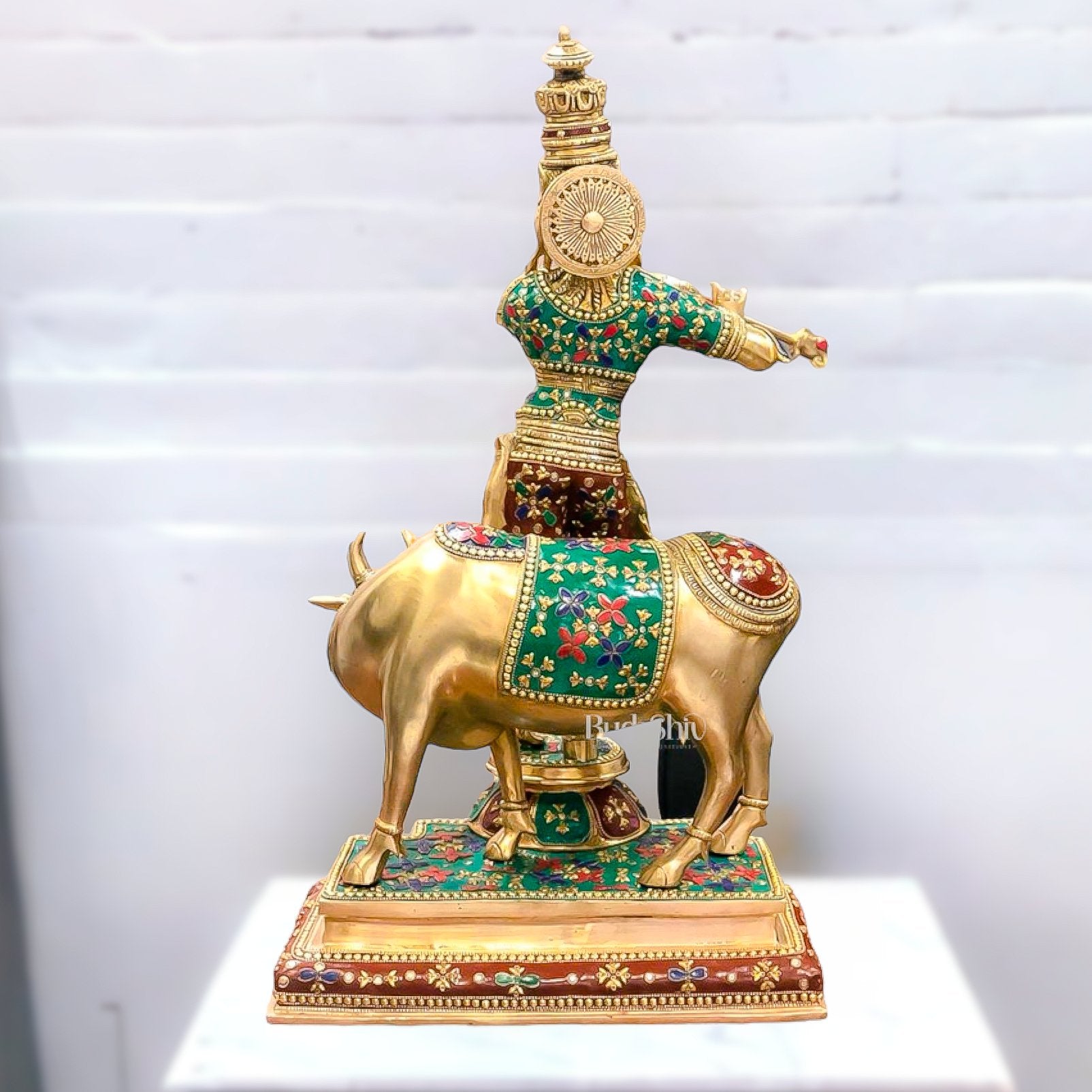 Superfine Krishna With Cow - Handcrafted in Fine Brass - Meenakari Stonework - 25.5 inches - Budhshiv.com