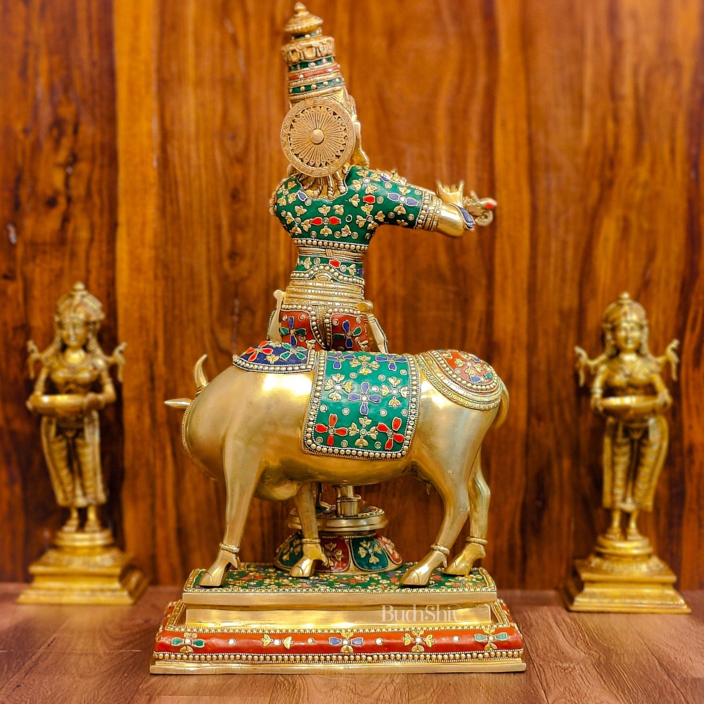 Superfine Krishna With Cow - Handcrafted in Fine Brass - Meenakari Stonework - 25.5 inches - Budhshiv.com