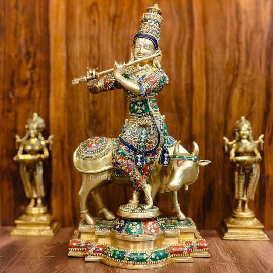 Superfine Krishna With Cow - Handcrafted in Fine Brass - Meenakari Stonework - 25.5 inches - Budhshiv.com