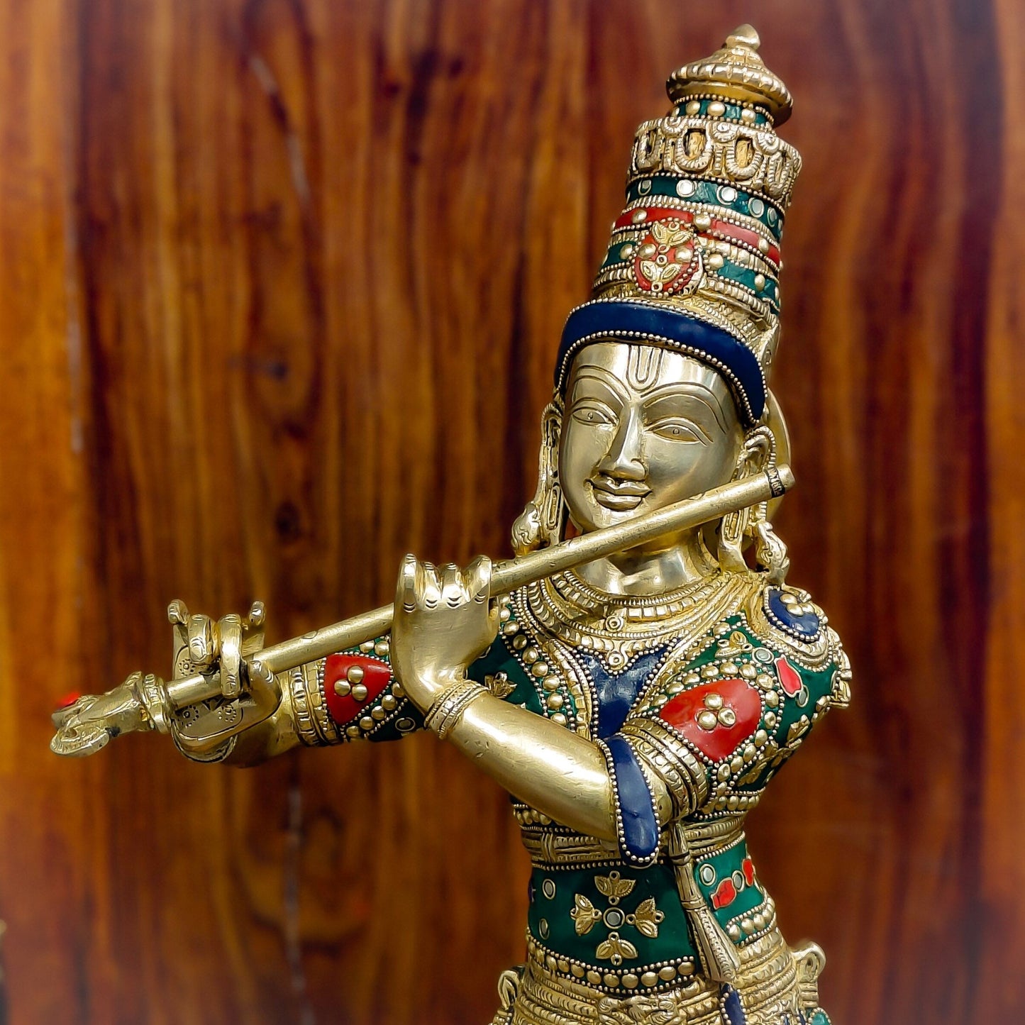 Superfine Krishna With Cow - Handcrafted in Fine Brass - Meenakari Stonework - 25.5 inches - Budhshiv.com