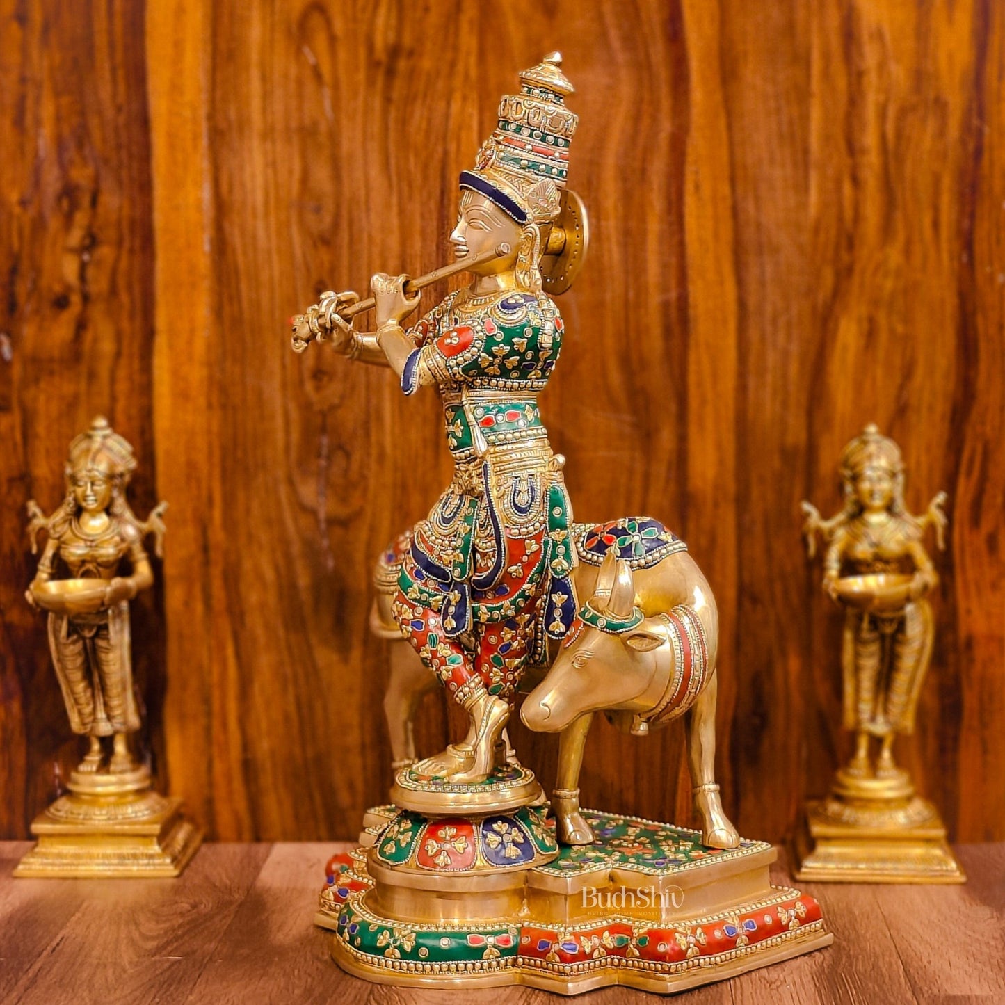 Superfine Krishna With Cow - Handcrafted in Fine Brass - Meenakari Stonework - 25.5 inches - Budhshiv.com