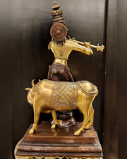 Superfine Krishna With Cow statue - Handcrafted in Fine Brass - 25.5 inch - Budhshiv.com