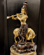 Superfine Krishna With Cow statue - Handcrafted in Fine Brass - 25.5 inch - Budhshiv.com