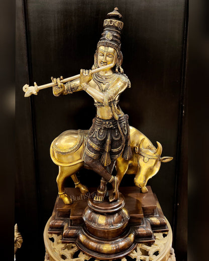 Superfine Krishna With Cow statue - Handcrafted in Fine Brass - 25.5 inch - Budhshiv.com