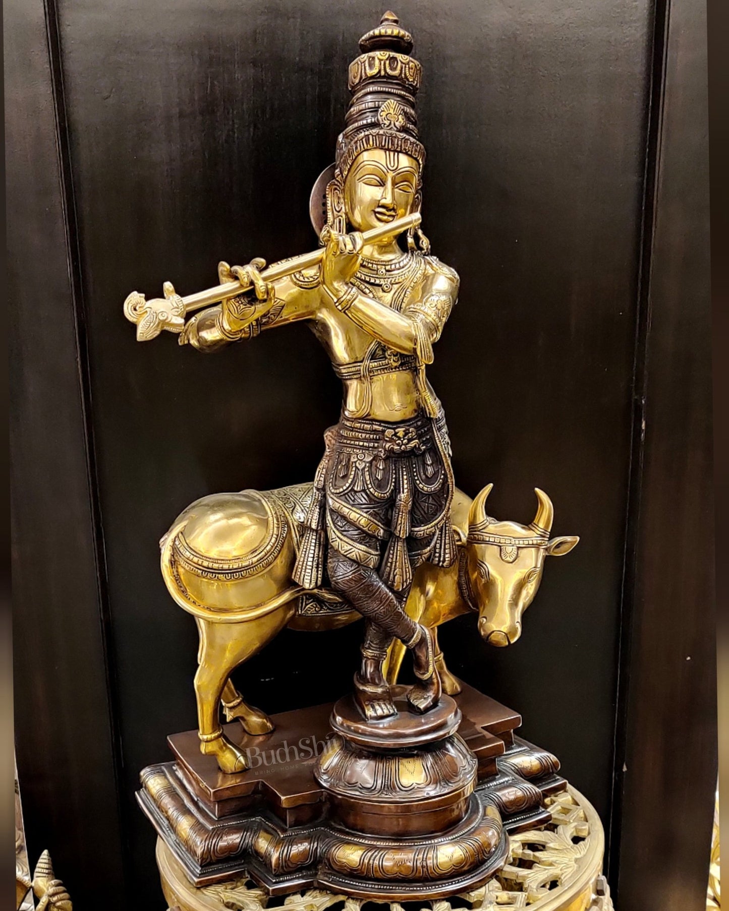 Superfine Krishna With Cow statue - Handcrafted in Fine Brass - 25.5 inch - Budhshiv.com