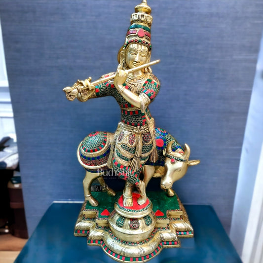Superfine Krishna With Cow Statue in Fine Brass - Meenakari Stonework - 25 inch - Budhshiv.com