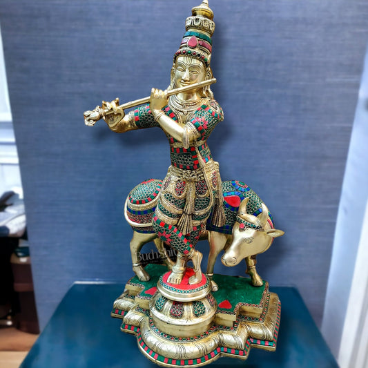Superfine Krishna With Cow Statue in Fine Brass - Meenakari Stonework - 25 inch - Budhshiv.com