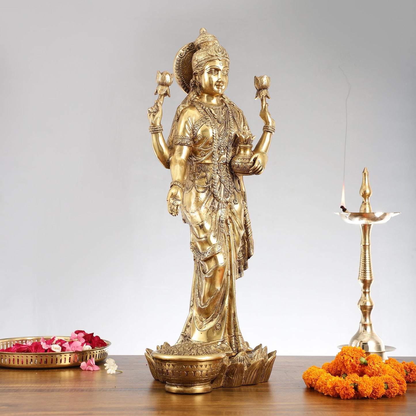 Superfine Standing Dhan Lakshmi Brass Murti - 25 inch - Budhshiv.com