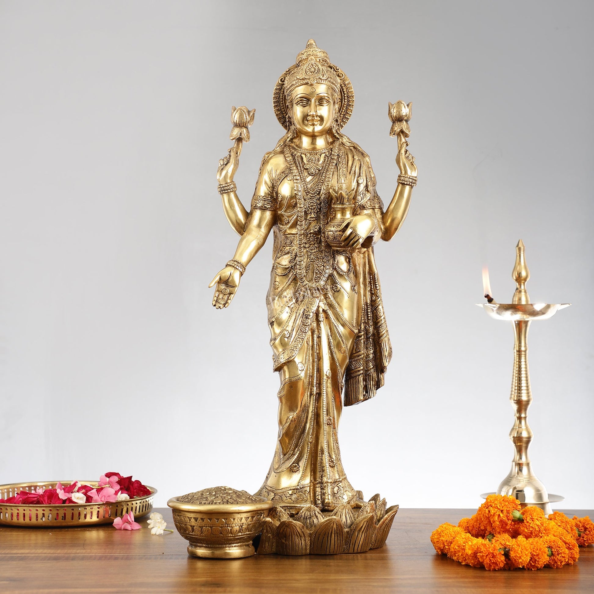 Superfine Standing Dhan Lakshmi Brass Murti - 25 inch - Budhshiv.com