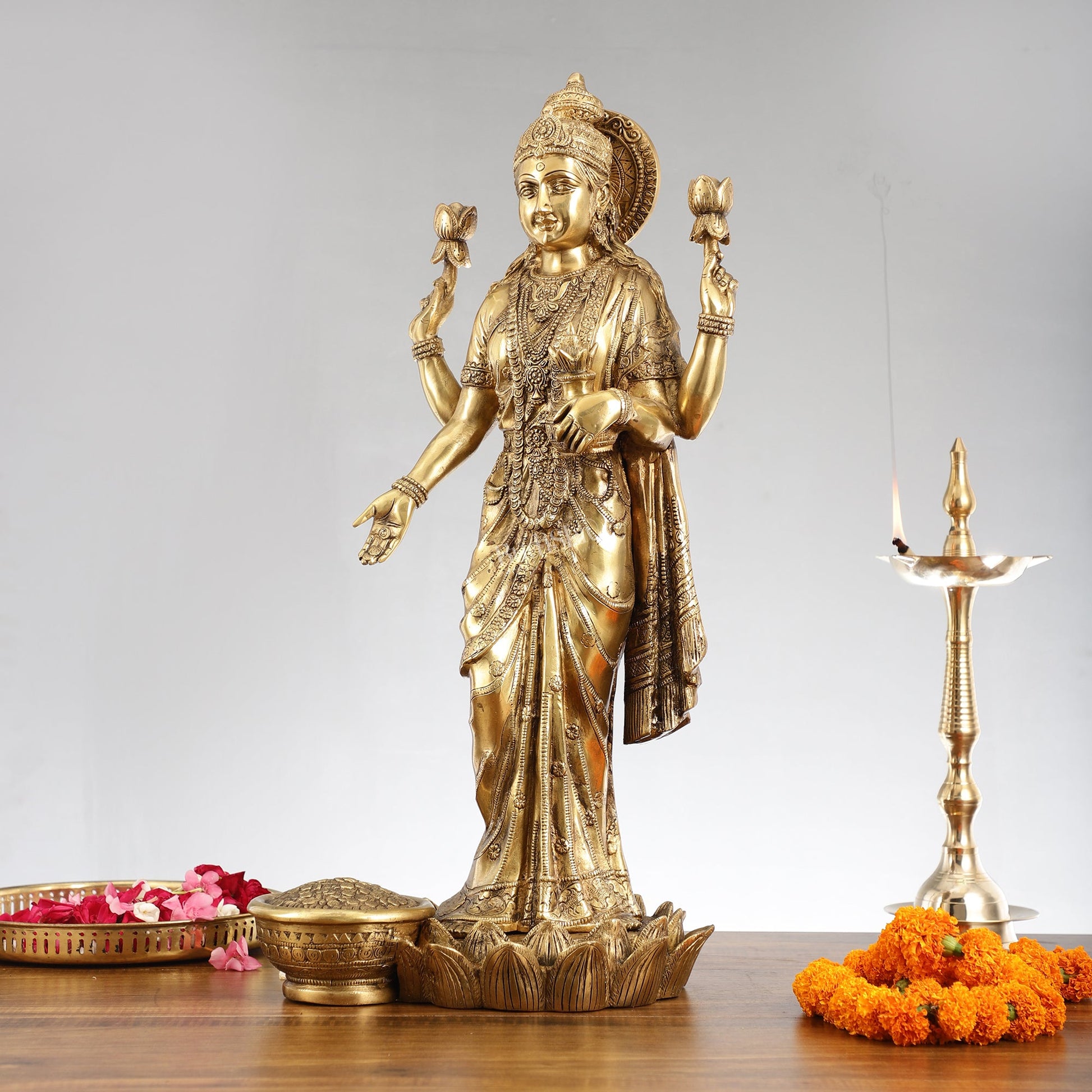 Superfine Standing Dhan Lakshmi Brass Murti - 25 inch - Budhshiv.com