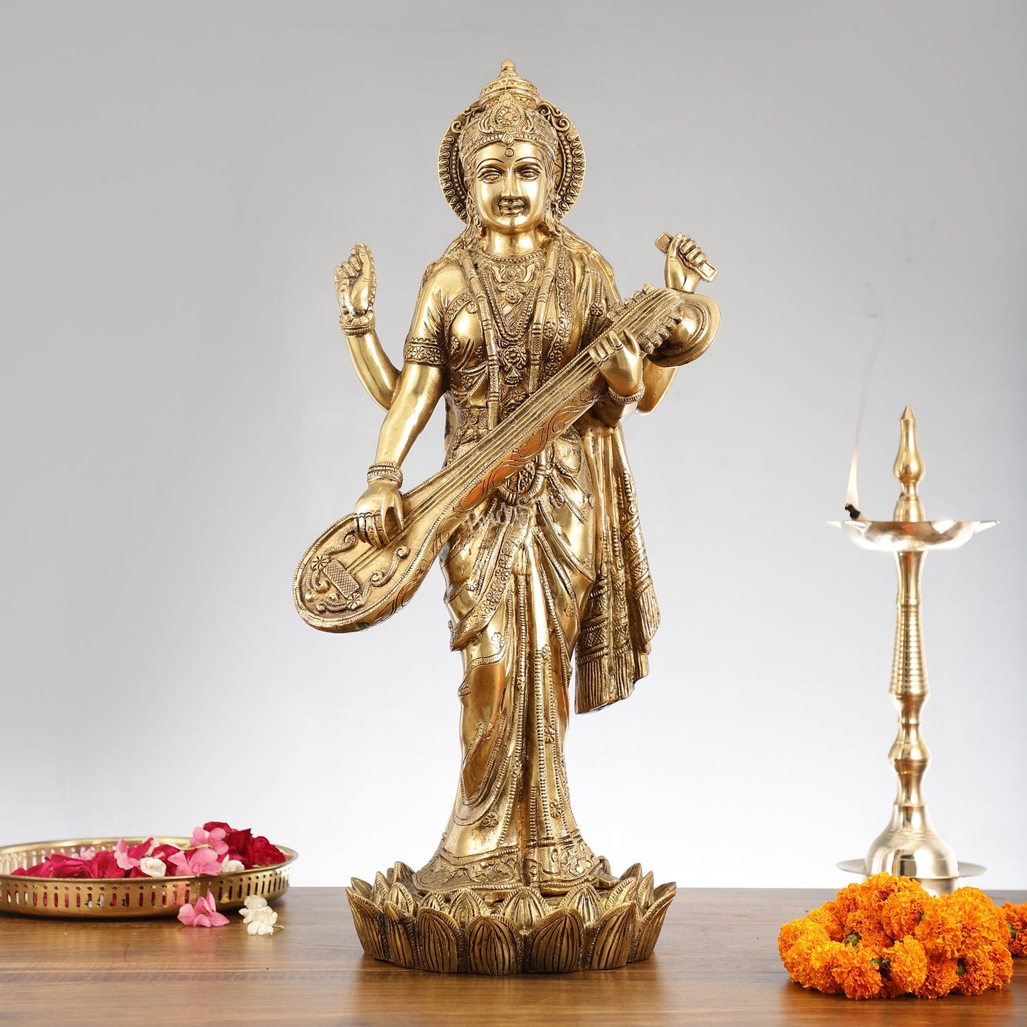 Superfine Standing Saraswati Brass Murti - 25 inch - Budhshiv.com