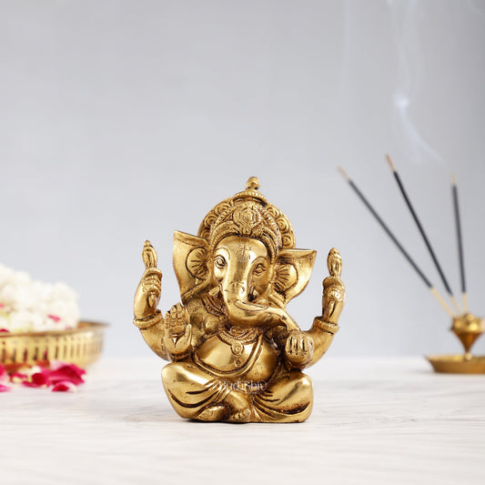 Taj Ganesha brass idol with Gold finish 6" antique - Budhshiv.com