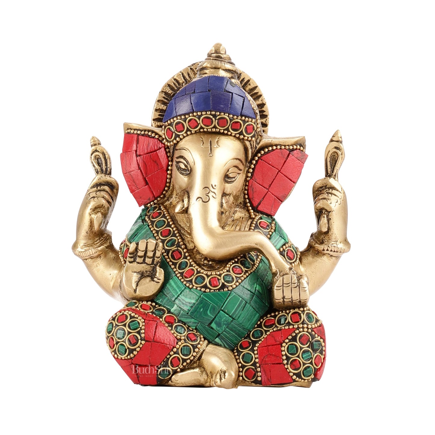 Taj Ganesha brass idol with meenakari stonework 6" - Budhshiv.com