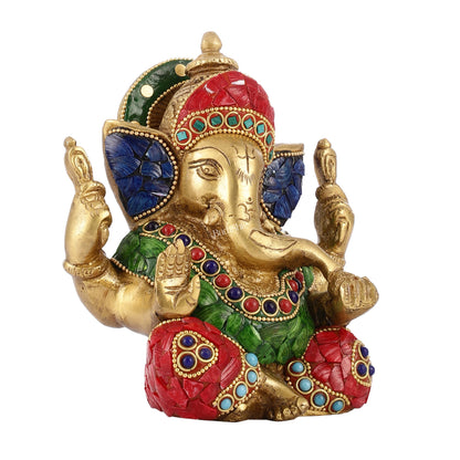 Taj Ganesha brass idol with meenakari stonework 6" - Budhshiv.com