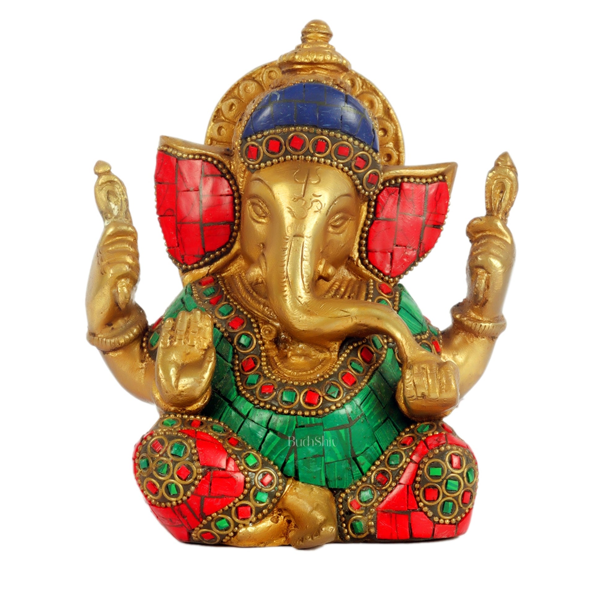 Taj Ganesha brass idol with meenakari stonework | suitable for office desk/study table/ temple - Budhshiv.com